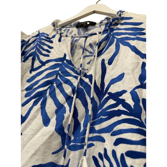 Size Large Linen Blend Resort Blue Boho Tropical Pool Vacation Ruffle Blouse Top - Picture 5 of 11